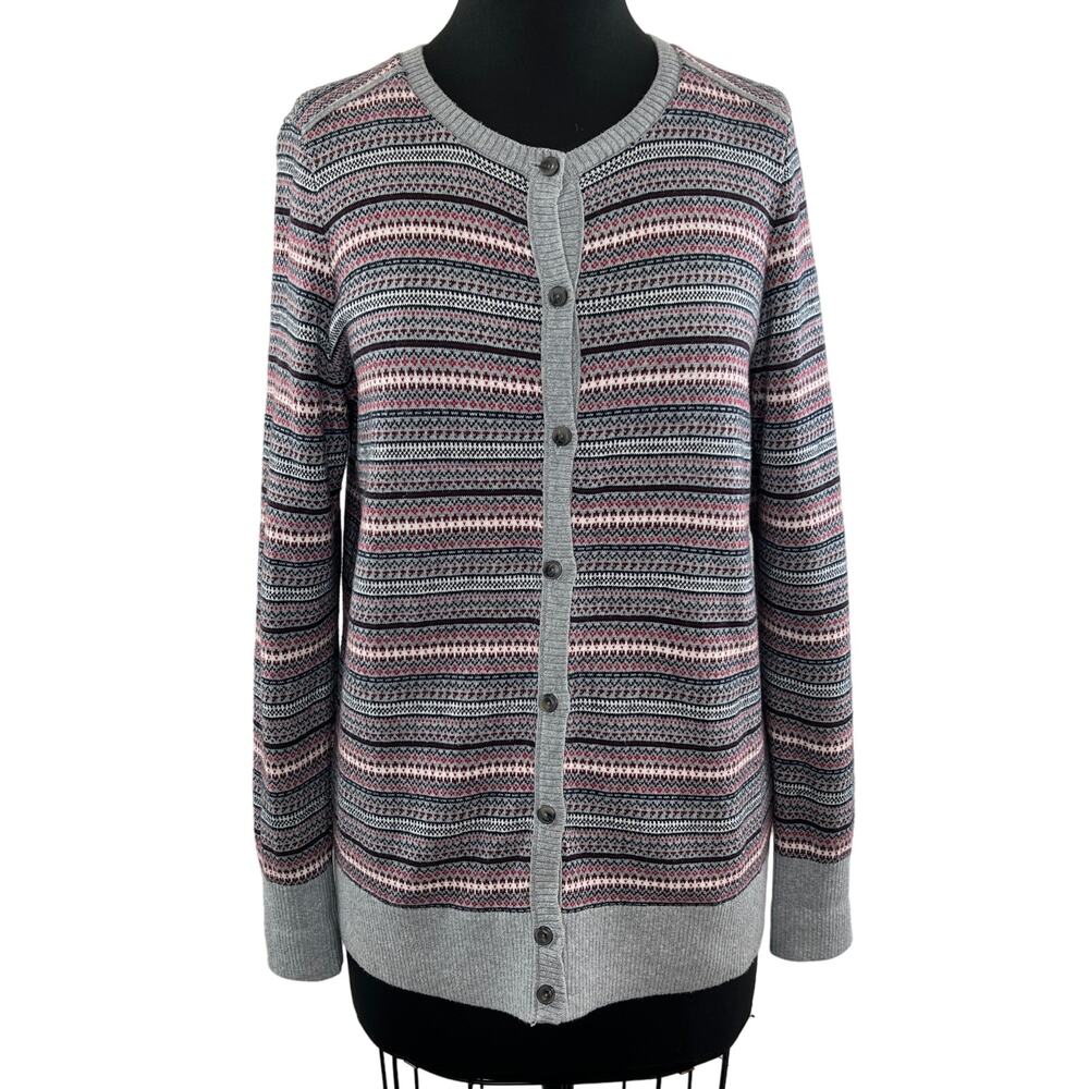 L.L. Bean Gray Red Striped Cotton Cashmere Button Down Cardigan Sweater Size M
